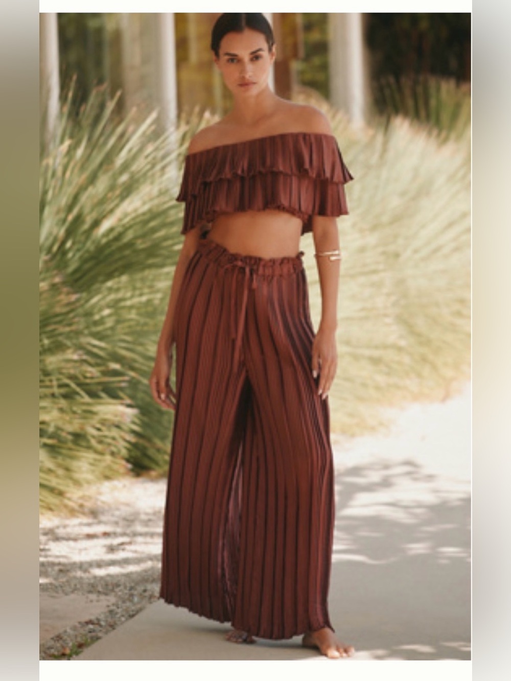 Anthropologie PLISSÉ WIDE-LEG PANTS and OFF-THE-SHOULDER PLISSÉ RUFFLED CROP TOP